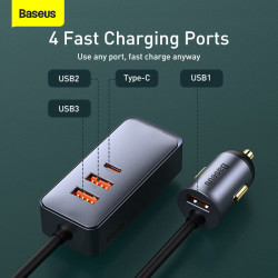 Адаптер автомобільний BASEUS Share Together PPS multi-port Fast charging Car charger with cord |3USB/1Type-C, 3A/120W, QC/PD, 1.5m| (CCBT-B0G)