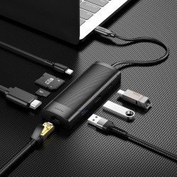 Hub адаптер HOCO Easy safe Type - C 8-in-1 multi-function converter HB44 |PD 100W/HDMI/SD, 2USB/2Type-C, RJ45|
