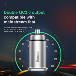 Адаптер автомобільний BASEUS Square metal |QC3.0, 2USB, 30W, 5A|