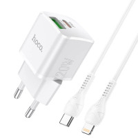 Адаптер мережевий HOCO Type-C to Lightning Cable Prestige charger set N20 |1USB/1Type-C, 20W, 3A, QC/PD|