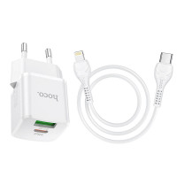 Адаптер мережевий HOCO Type-C to Lightning Cable Prestige charger set N20 |1USB/1Type-C, 20W, 3A, QC/PD|