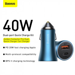 Адаптер автомобільний BASEUS Golden Contactor Pro Dual Quick Charger Car Charger |1USB/1Type-C, 5A/40W, QC/PD| (CCJD-0G)