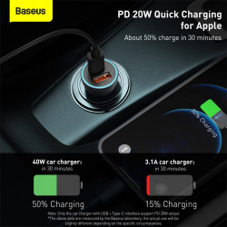 Адаптер автомобільний BASEUS Golden Contactor Pro Dual Quick Charger Car Charger |1USB/1Type-C, 5A/40W, QC/PD| (CCJD-0G)