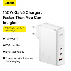 Адаптер мережевий Baseus Type-C to Typc-C cable Gan5 Pro Fast Charger |1USB/2Type-C, PD/QC, 140W/5A| (CCGP100202)