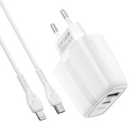 Адаптер мережевий HOCO Type-C to Lightning Cable Powerful dual Port charger set N11 |1USB/1Type-C, PD/QC, 20W/3A|