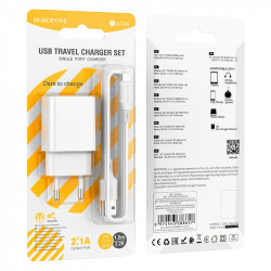Адаптер мережевий BOROFONE Lightning Cable Aspirer single port charger set BA74A |1USB, 2.1A|