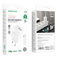 Адаптер мережевий BOROFONE Type-C to Lightning Cable Reacher dual Port charger set BN9 |2Type-C, 35W/3A, PD/QC|