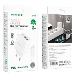 Адаптер мережевий BOROFONE Type-C to Lightning Cable Reacher dual Port charger set BN9 |2Type-C, 35W/3A, PD/QC|
