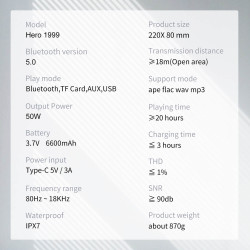 Акустика Xdobo Hero 1999 IPX7 |BT5.0, TWS, AUX/USB/TF, 50W, TWS, 20h Max|