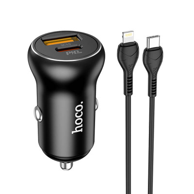 Адаптер автомобільний Hoco Type-C to Lightning Cable Smooth road car charger NZ5 |1USB/1Type-C, 30W/3A, PD/QC|