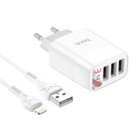 Адаптер мережевий Hoco Lightning cable Easy charge digital display charger set C93A |3USB, 3.4A|