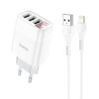 Адаптер мережевий Hoco Lightning cable Easy charge digital display charger set C93A |3USB, 3.4A|