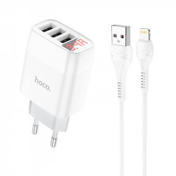 Адаптер мережевий Hoco Lightning cable Easy charge digital display charger set C93A |3USB, 3.4A|