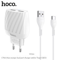 Адаптер мережевий Hoco Type-C Cable Max energy C78A |2USB, 2.4A|