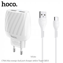 Адаптер мережевий Hoco Type-C Cable Max energy C78A |2USB, 2.4A|