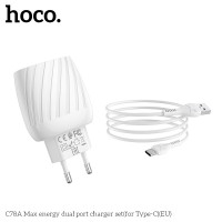 Адаптер мережевий Hoco Type-C Cable Max energy C78A |2USB, 2.4A|
