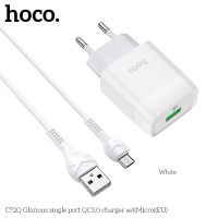 Адаптер мережевий Hoco Micro USB cable Glorious charger set C72Q |1USB, QC3.0/FCP/AFC, 3A, 18W|