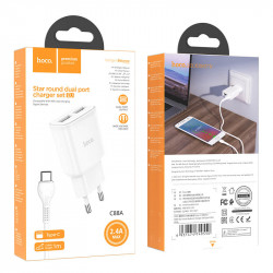 Адаптер мережевий Hoco Type-C Cable Star round dual Port charger set C88A |2USB, 2.4A|