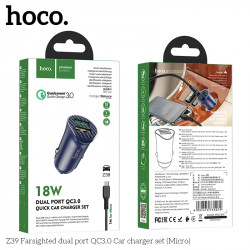 Адаптер автомобільний HOCO Micro USB cable Farsighted dual port QC3.0 car charger set Z39 |2USB, QC3.0, 3A/18W|