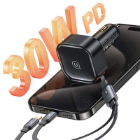 Адаптер автомобільний USAMS Car Charger With 2in1 Retractable Cable Type-C + Lightning US-CC219 C41 |30W, PD/QC|