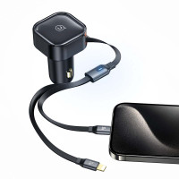 Адаптер автомобільний USAMS Car Charger With 2in1 Retractable Cable Type-C + Lightning US-CC219 C41 |30W, PD/QC|