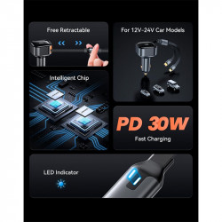 Адаптер автомобільний USAMS Car Charger With 2in1 Retractable Cable Type-C + Lightning US-CC219 C41 |30W, PD/QC|