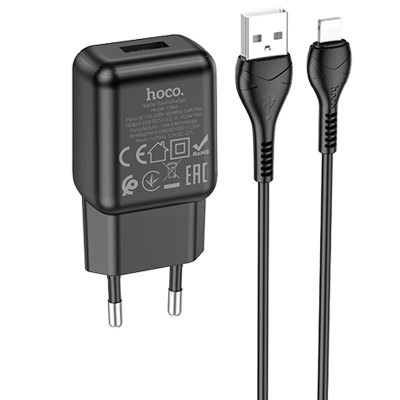 Адаптер мережевий Hoco Lightning cable single port charger set C96A |1USB, 2.1A|