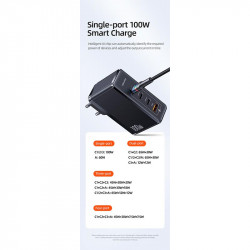 Адаптер мережевий USAMS T50 100w 4 Ports Gan Fast Charger US-CC163 |1USB/3Type-C, 100W/5A, PD/Q|