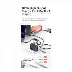 Адаптер мережевий USAMS T50 100w 4 Ports Gan Fast Charger US-CC163 |1USB/3Type-C, 100W/5A, PD/Q|