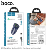 Адаптер автомобільний HOCO lightning cable Farsighted dual port QC3.0 car charger set Z39 |2USB, QC3.0, 3A/18W|