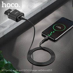 Адаптер мережевий Hoco Micro USB Cable Special FCP, AFC N3 |1USB, 18W/3A, QC3.0| (Safety Certified)