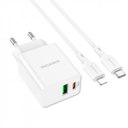 Адаптер мережевий BOROFONE Type-C to Lightning Cable Resource charger BA69A |1USB/1Type-C, 20W/3A, PD/QC|