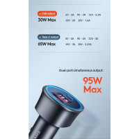Адаптер автомобільний USAMS Dual Ports Digital Display Fast Car Charger US-CC146 C26 |1USB/1Type-C, 3A/95W, QC/PD|