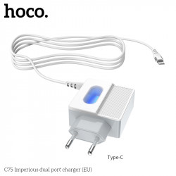 Адаптер мережевий Hoco Type-C cable C75 |2USB, 2.4A|