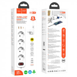 Подовжувач мережевий HOCO Aura 4-bit extension Cable socket fast charge NS1 |2USB/1Type-C, 4Sockets, 4000W, 20W/3A, PD/QC, 1.8m|