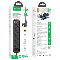 Подовжувач мережевий HOCO Aura 4-bit extension Cable socket fast charge NS1 |2USB/1Type-C, 4Sockets, 4000W, 20W/3A, PD/QC, 1.8m|