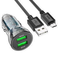 Адаптер автомобільний Hoco Micro USB cable Transparent Discovery Edition dual port Z47 |2USB, QC, 3A|