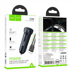 Адаптер автомобільний Hoco Prosperous (2C) Car charger Z54B (Type-C to Type-C set) |2Type-C, PD/QC, 60W/3A|