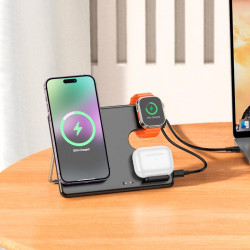 Зарядка Qi HOCO Geek folding 3-in-1 magnetic wireless fast charger CQ1 (iWatch/phone/earphone, 15wqi, 27w Type-C)