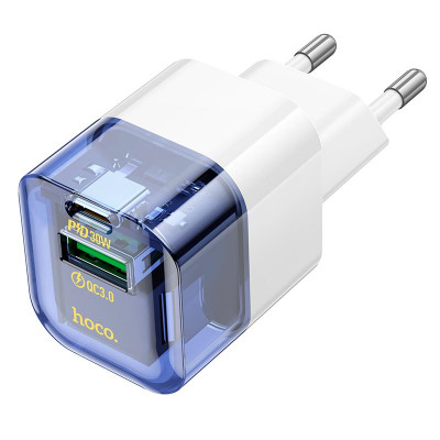 Адаптер мережевий HOCO Platinum dual-port C131A |1USB/1Type-C, 30W/3A, PD/QC|