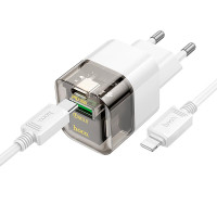 Адаптер мережевий HOCO Type-C to Lightning Cable Platinum dual-port C131A |1USB/1Type-C, 30W/3A, PD/QC|