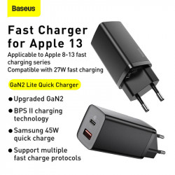 Адаптер мережевий BASEUS GaN2 Lite Quick Charger |1USB/1Type-C, 65W/3A, PD/QC| (CCGAN2L-B02)