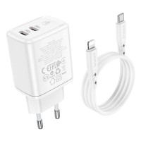 Адаптер мережевий BOROFONE Type-C to Lightning Cable Reacher dual Port charger set BN9 |2Type-C, 35W/3A, PD/QC|