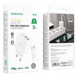 Адаптер мережевий BOROFONE Type-C to Type-C cable Reacher dual Port charger set BN9 |2Type-C, 35W/3A, PD/QC|