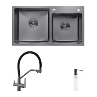 Комплект кухонна мийка Kroner Schwarze-7843ZHM PVD + змішувач Edelstahl Klassisch-PVD03817BLK + дозатор Spender-026