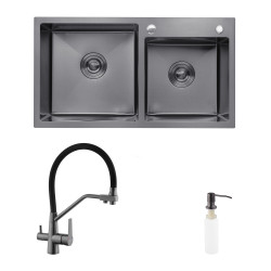 Комплект кухонна мийка Kroner Schwarze-7843ZHM PVD + змішувач Edelstahl Klassisch-PVD03817BLK + дозатор Spender-026