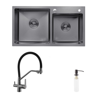 Комплект кухонна мийка Kroner Schwarze-7843ZHM PVD + змішувач Edelstahl Klassisch-PVD03817BLK + дозатор Spender-026