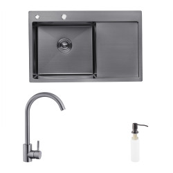 Комплект кухонна мийка Kroner Schwarze-7849LHM PVD + змішувач Edelstahl Klassisch-SCH035PVD + дозатор Spender-026