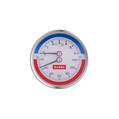 Термоманометр Karro 1/2"х1/4" горизонтальний 63 мм KR-1086В Термоманометр Karro 1/2"х1/4" горизонтальний 63 мм KR-1086В