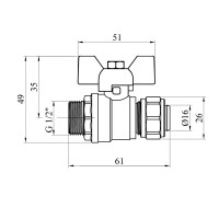 Кран кульовий металопластиковий Karro 16х1/2" РЗ метелик, нікельований Кран кульовий металопластиковий Karro 16х1/2" РЗ метелик, нікельований